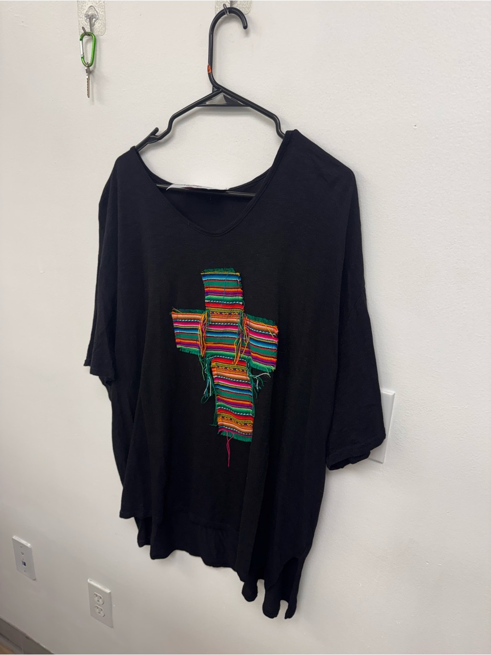 Black Women’s V-Neck Top with Multicolor Cross Embroidery